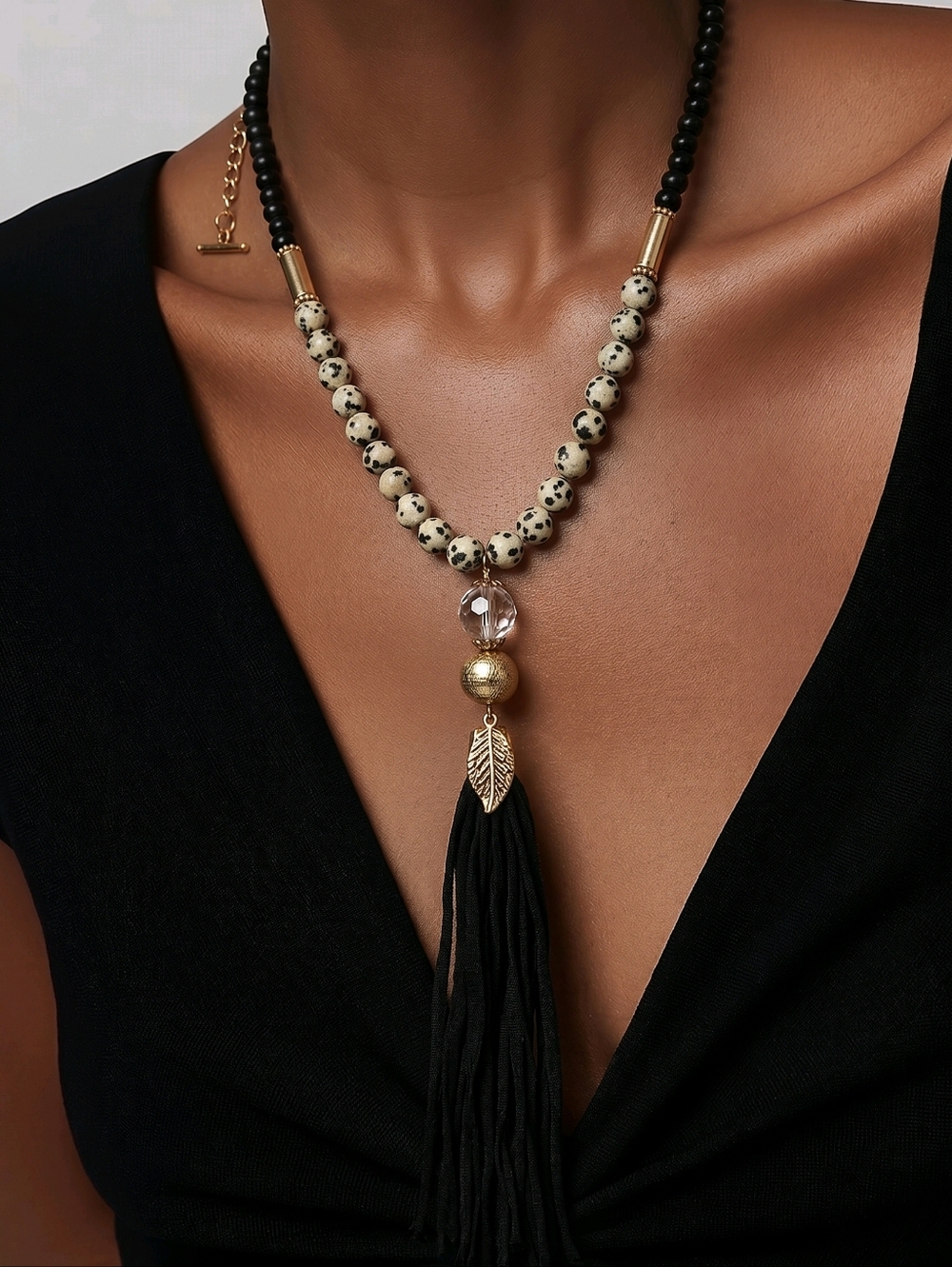 Beaded Tassel Necklace with Dalmatian Jaspers